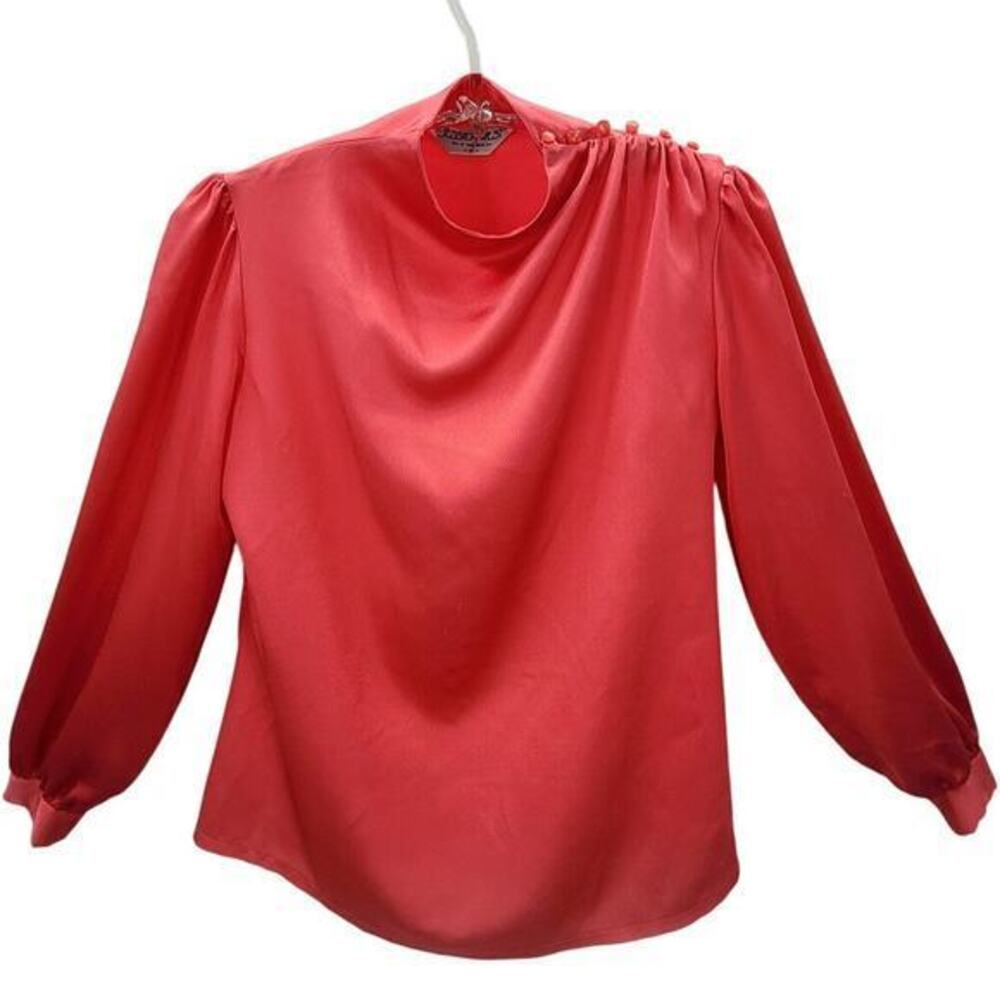 Jessica West Vintage Satin Shoulder Button Draped Collar Long‎ Sleeve Blouse Top